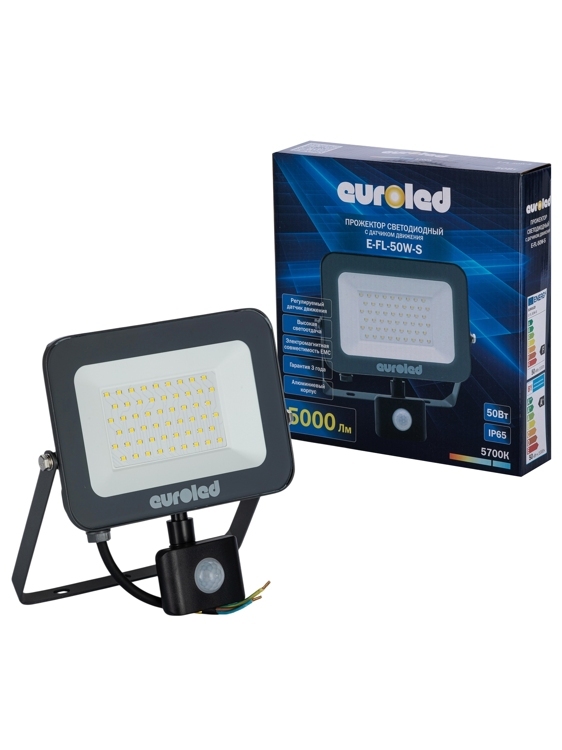 Прожектор светодиодный с датчиком движения Euroled 50W 5700K IP65